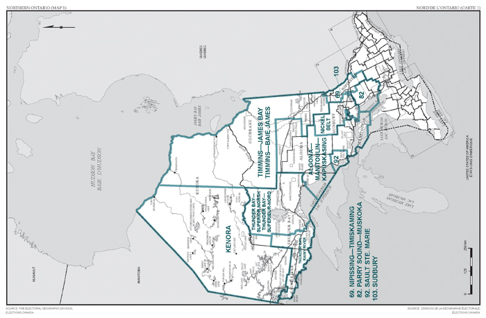 Map 1: Map of proposed boundaries and names for the electoral districts of Northern Ontario