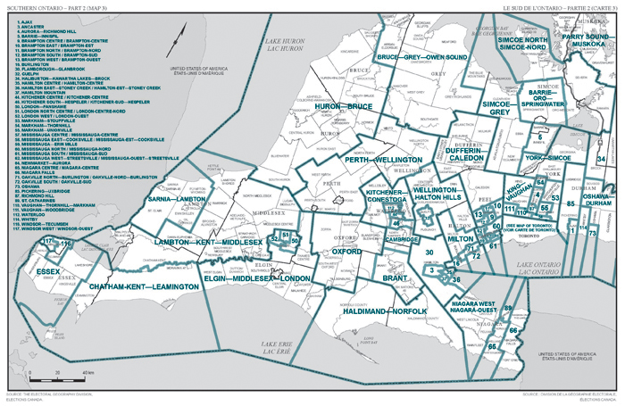 Carte 3 : Carte des limites et noms proposés pour les circonscriptions électorales de le Sud de l'Ontario, Partie 2