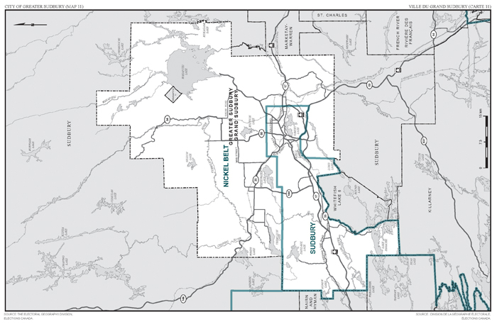 Carte 11 : Carte des limites et noms proposés pour les circonscriptions électorales de l'Ontario, Sudbury