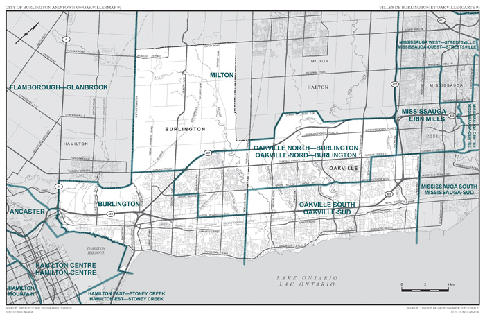 Carte 9 : Carte des limites et noms proposés pour les circonscriptions électorales de l'Ontario, Burlington