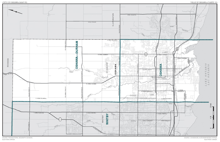 Carte 15 : Carte des limites et noms proposés pour les circonscriptions électorales de l'Ontario, Oshawa