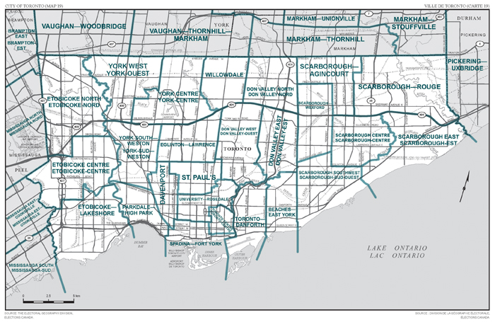 Carte 19 : Carte des limites et noms proposés pour les circonscriptions électorales de l'Ontario, Toronto
