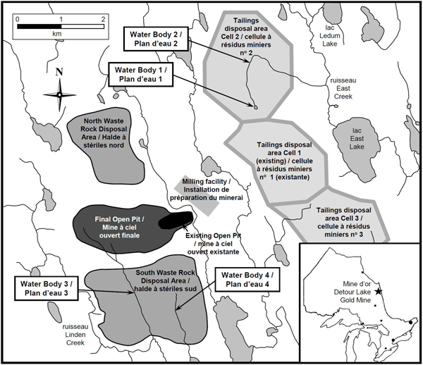 The Detour Lake Gold Mine and the water bodies that would be infilled by tailings and waste rock 