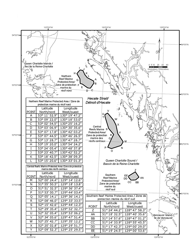 Schedule 1 is a map depicting the location of the three Marine Protected Areas within Hecate Strait and Queen Charlotte Sound. The Schedule also includes three tables setting out the geographic coordinates of the Marine Protected Areas.?????