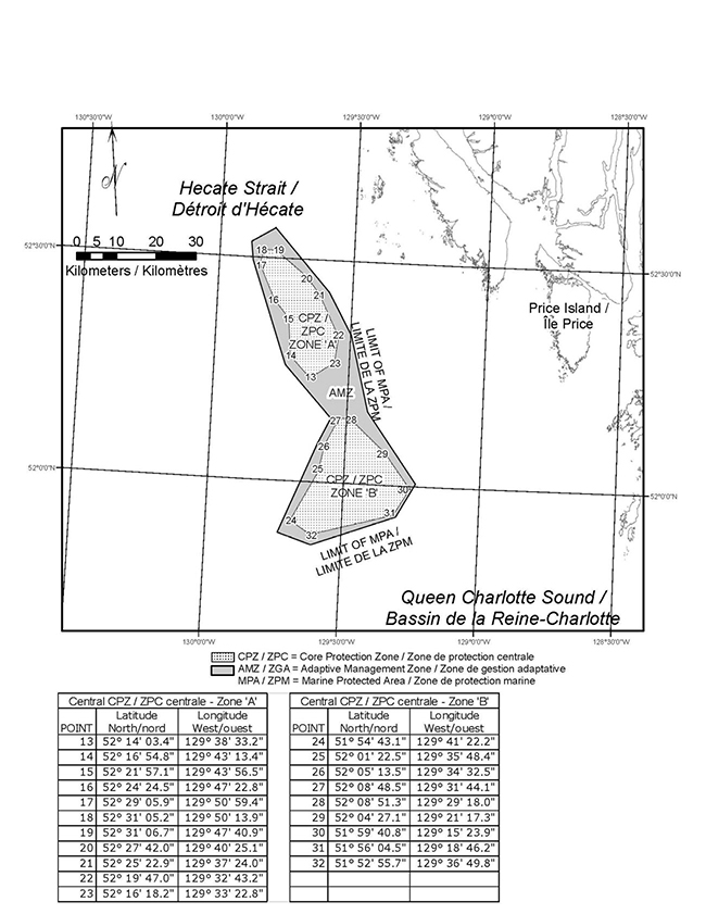 L'annexe 3 est une carte qui représente la zone de protection marine des récifs centraux, incluant deux zones de protection centrale entourées d'une zone de gestion adaptative. L'annexe contient aussi deux tableaux qui donnent les coordonnées géographiques des zones de protection centrale.?????