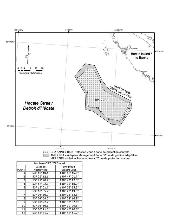 ??L'annexe 4 est une carte qui représente la zone de protection marine du récif sud, incluant une zone de protection centrale entourée d'une zone de gestion adaptative. L'annexe contient aussi un tableau qui donne les coordonnées géographiques de la zone de protection centrale.????