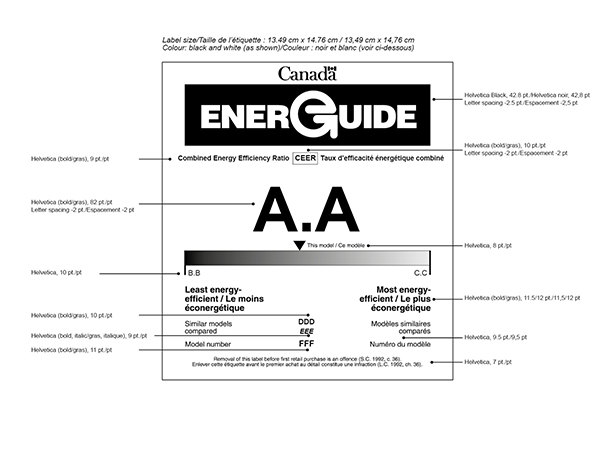 This image shows the Energy Efficiency Label specifications for Room Air Conditioners.