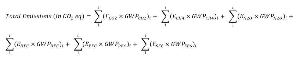 The result of the sum of the total mass of each of the gases or gas species multiplied by their respective global warming potential.