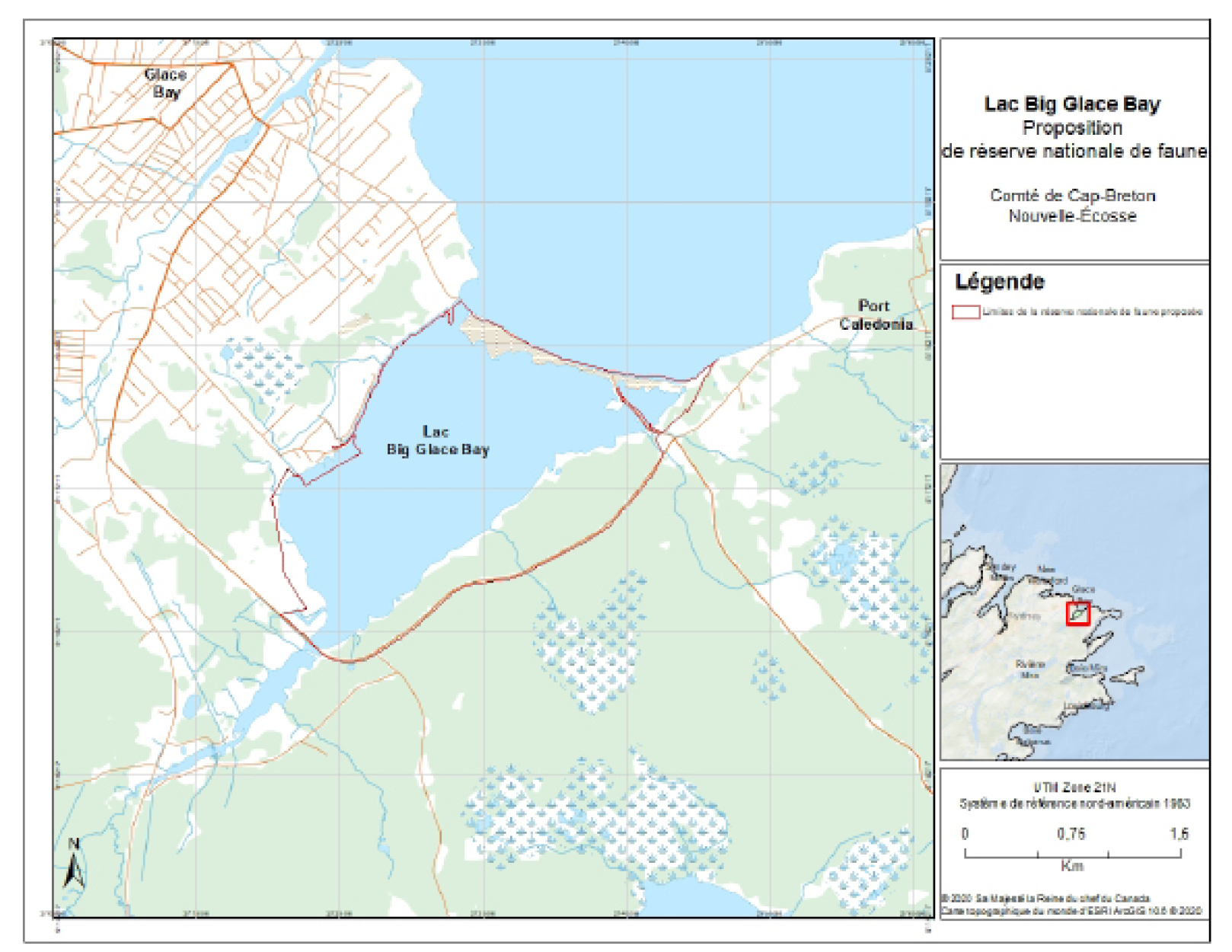 Figure 1. Carte de la réserve nationale de faune proposée du lac Big Glace Bay&nbsp;&ndash;&nbsp;Version textuelle en dessous de l'image
