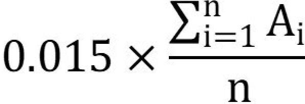 The product of 0.015 by the quotient where the numerator is the sum of A for each reference year “i” and the denominator is n.