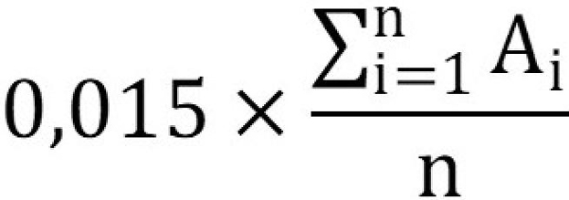 La multiplication de 0,015 par le quotient dont le numérateur est la somme de A pour chaque année de référence «&nbsp;i&nbsp;» et le dénominateur est n.