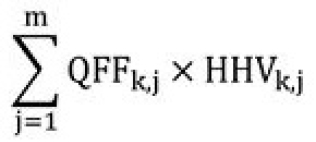 La somme des produits de QFFk,j par HHVk,j pour chaque type de combustible fossile «&nbsp;j&nbsp;»