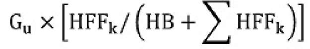 Gu est multiplié par le quotient dont le numérateur est HFFk et le dénominateur est HB additionné à la somme des produits de HFFk pour chaque combustible gazeux, liquide et solide «&nbsp;k&nbsp;»