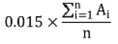 La multiplication de&nbsp;0,015 par le quotient dont le numérateur est la somme de ai pour chaque année de référence «&nbsp;i&nbsp;» et le dénominateur est n.