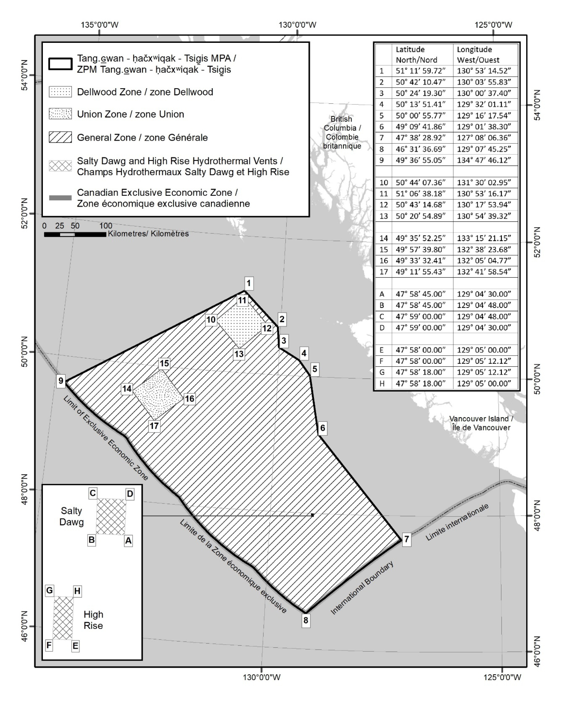 Proposed MPA boundary with geographic coordinates and proposed zoning approach – a long description follows.