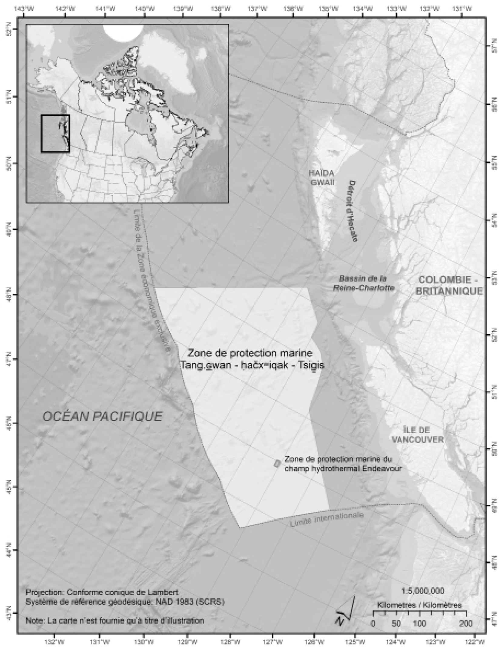 Figure&nbsp;1: Emplacement de la zone de protection marine proposée Tang.ɢwan&nbsp;&mdash;&nbsp;ḥačxwiqak&nbsp;&mdash;&nbsp;Tsig̱is