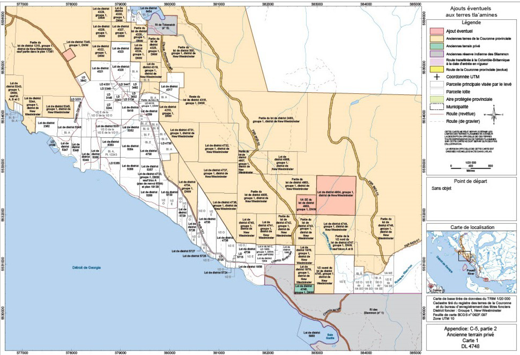 Carte des ajouts aux terres tla’amines après la date d’entrée en vigueur – Version textuelle en dessous de l'image
