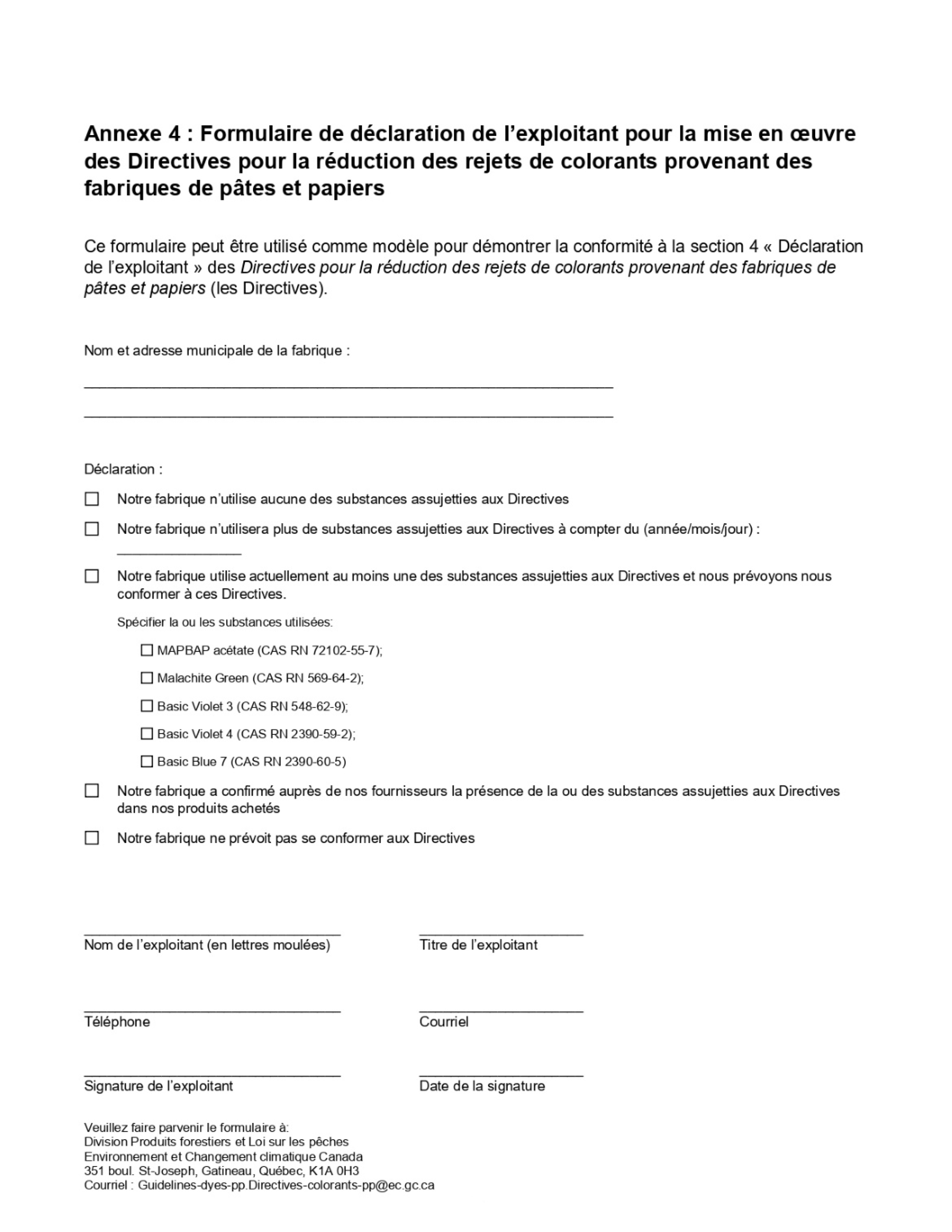 Annexe 4 Exemple du Formulaire de déclaration de l’exploitant – Version textuelle en dessous de l'image