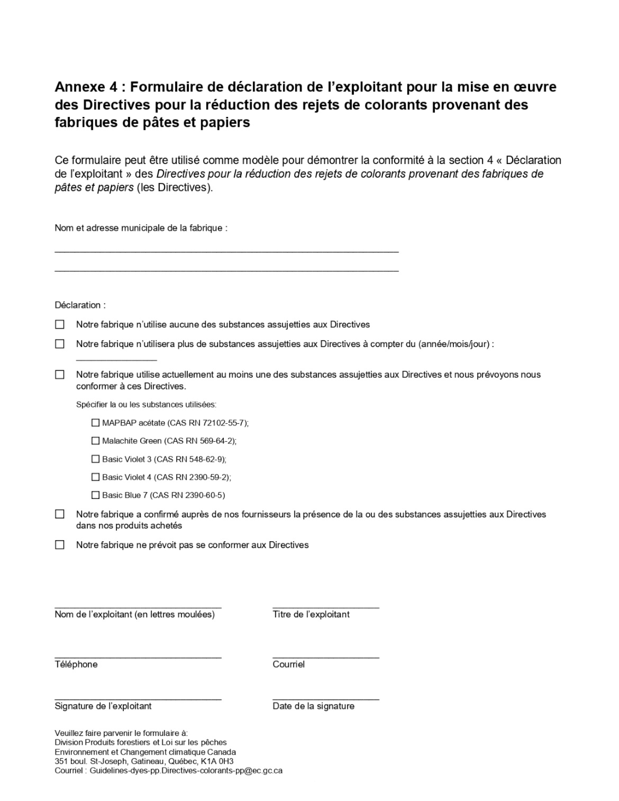 Annexe 4 Exemple du Formulaire de déclaration de l’exploitant&nbsp;&ndash;&nbsp;Version textuelle en dessous de l'image