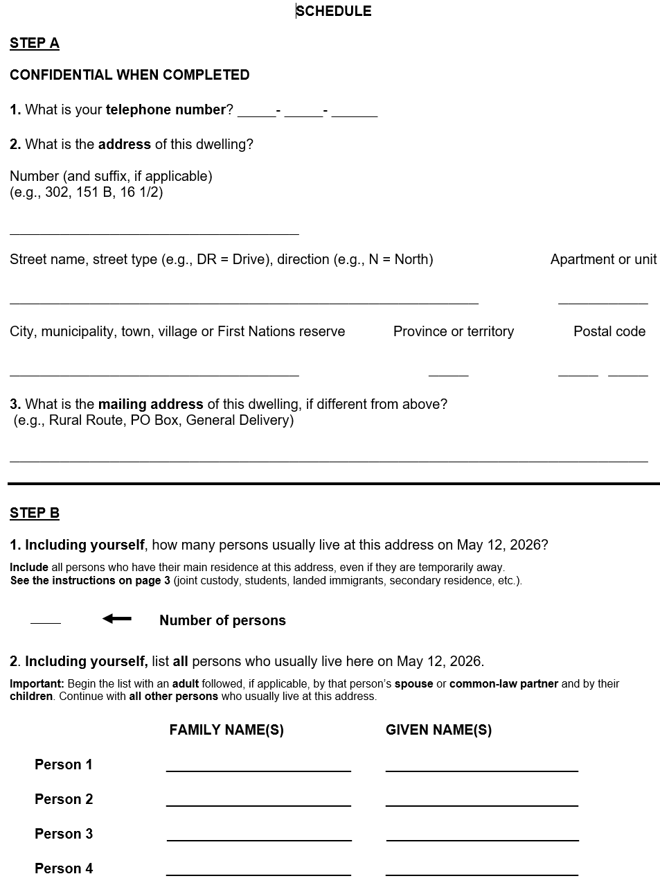 Page 1 of the English census form. – Text version below the image