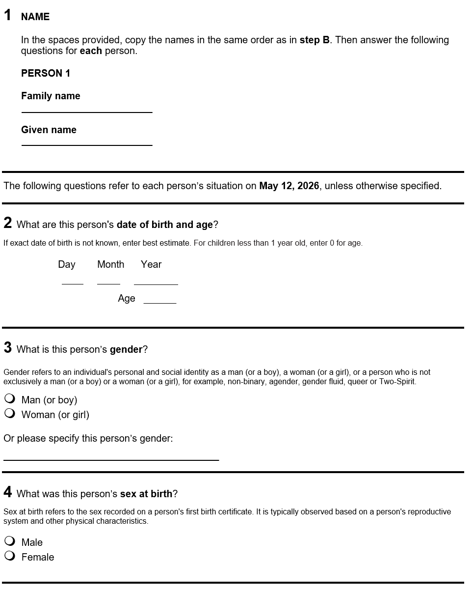 Page 4 of the English census form. – Text version below the image