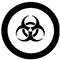 A circle with a black outline on a white background, symbolizing danger. It contains, inside its perimeter, the image of a small black ring over which there are three large black crescents attached together by the middle of their closed sides, with a small white circle in the middle. This pictogram is used to warn about the presence of an infectious or biological hazard.