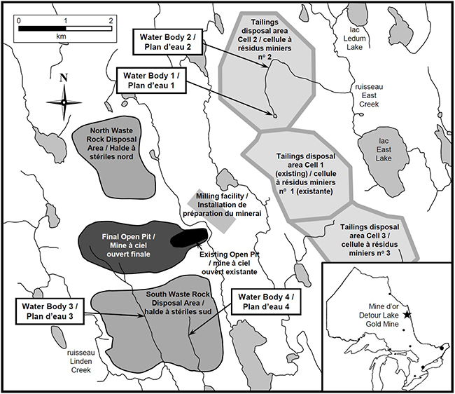 Carte — Cette figure présente la mine d’or de Detour Lake et les plans d’eau qui seront remblayés par les résidus miniers et les stériles.