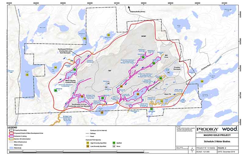 Figure 2 is a 1:21,000 scale map showing the location of the 21 water bodies, or portions of water bodies, to be listed in Schedule 2 of the MDMER. – Description below