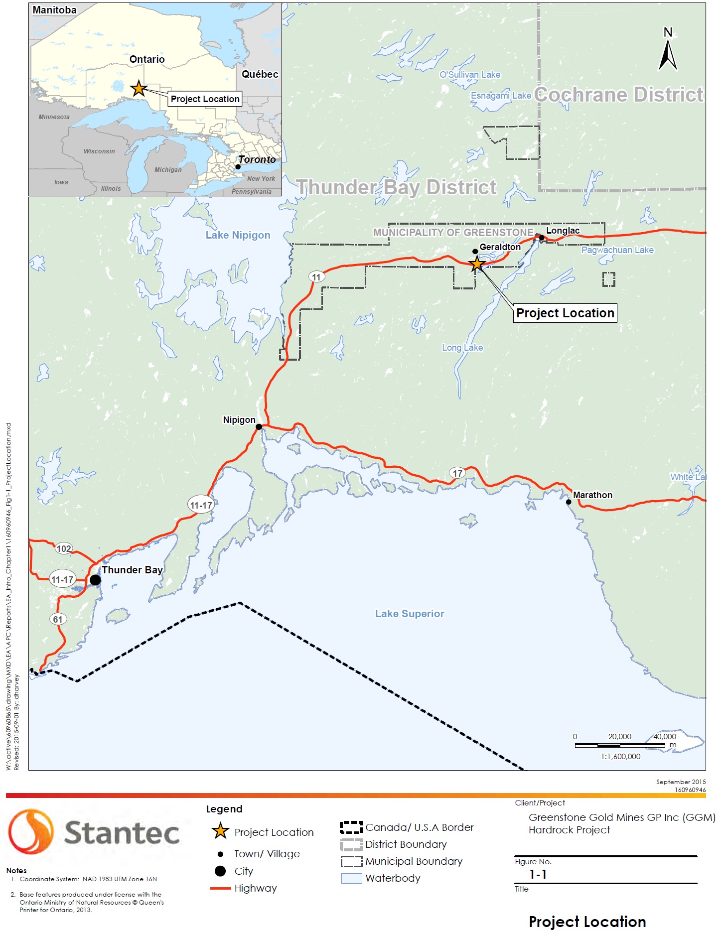 Figure 1 is a 1:1,600,000 scale map showing the general location of the Hardrock Mine Project in Ontario. – Description below