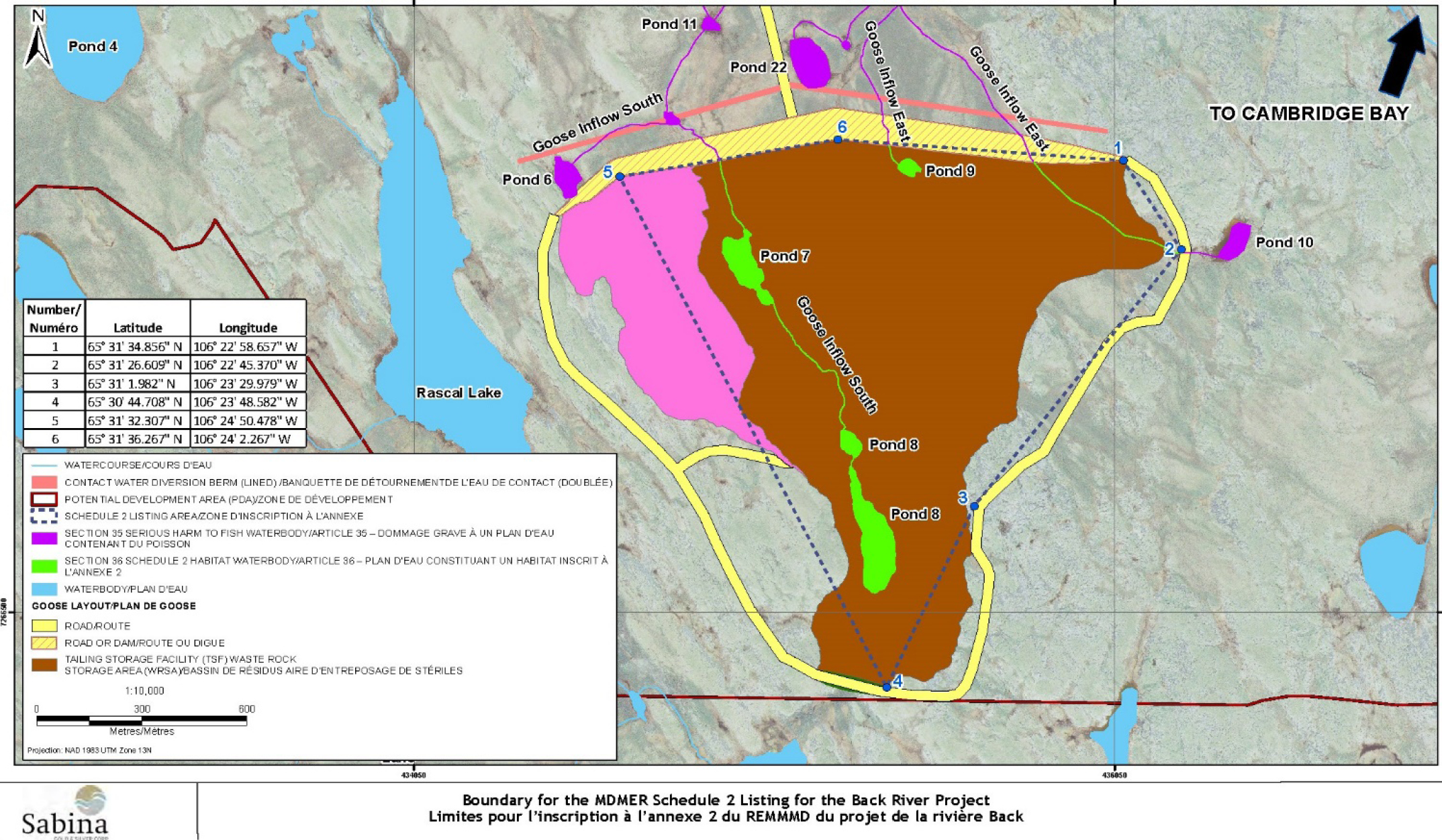 Figure 2 is a 1:10,000 scale map showing the location of the five water bodies to be listed in Schedule 2 of the MDMER. – Description below