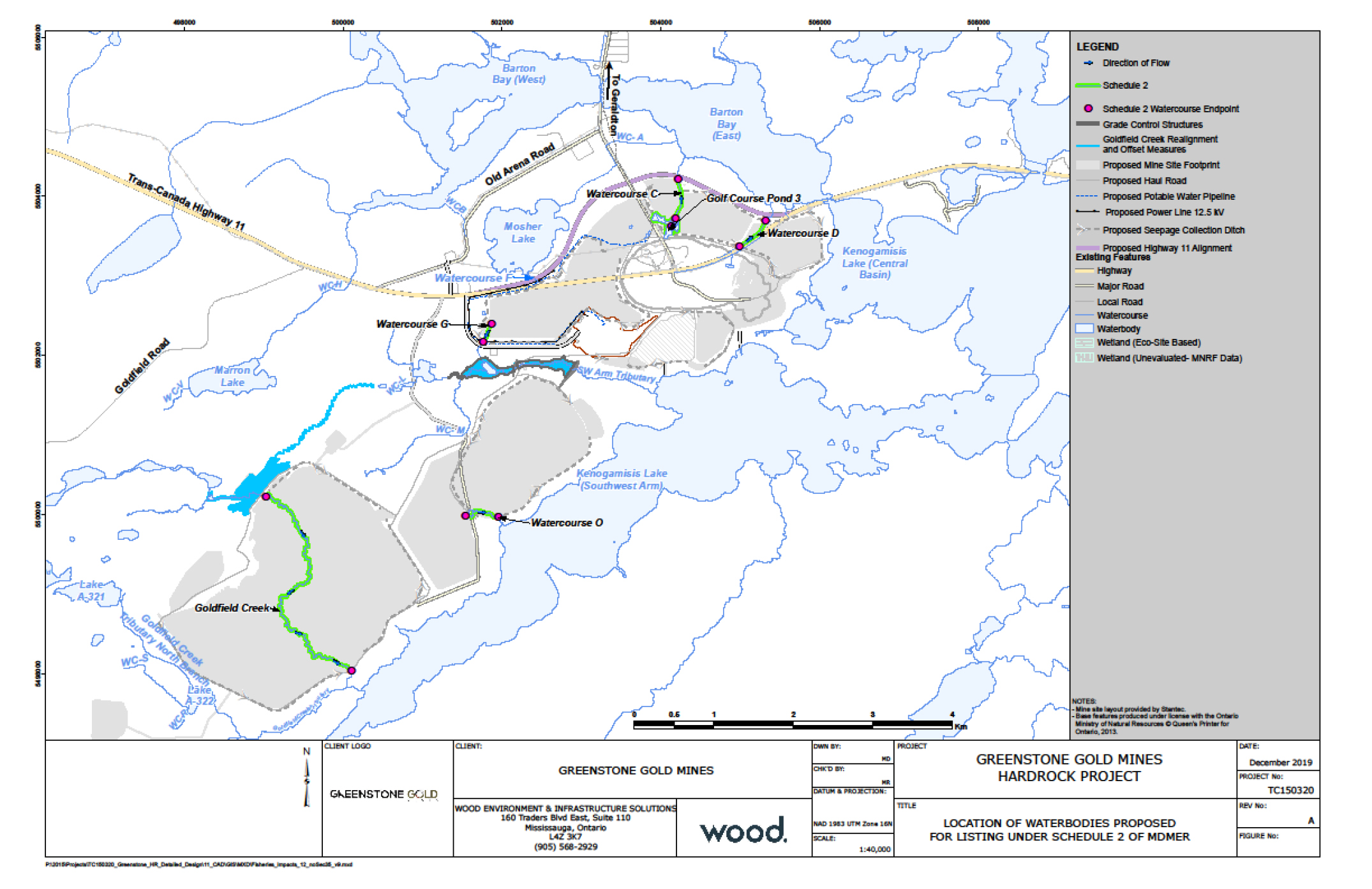 Caption: Figure 2 is a 1:40,000 scale map showing the location of the six water bodies to be listed in Schedule 2 of the MDMER. – Description below