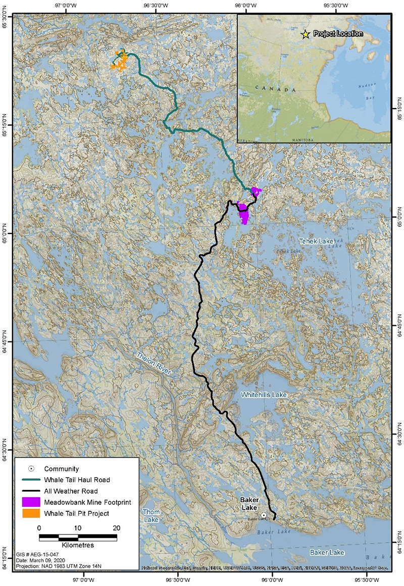 The general location of the Whale Tail Pit Expansion Project in Nunavut - Description below