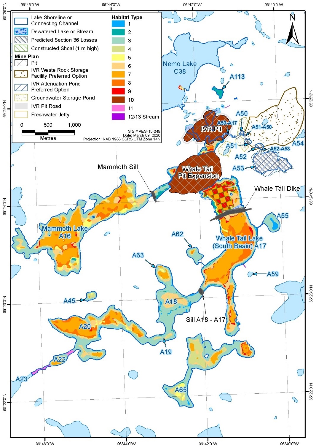 The location of the sill at the project site in Nunavut as part of the plan to offset the loss of fish habitat - Description below