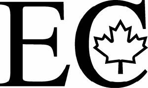 The letters EC in large font with a maple leaf pictured inside the letter C. 