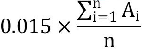 The product of 0.015 by the quotient where the numerator is the sum of A for each reference year “i” and the denominator is n. – Text version below the image