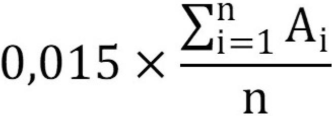 La multiplication de 0,015 par le quotient dont le numérateur est la somme de A pour chaque année de référence «&nbsp;i&nbsp;» et le dénominateur est n. – Version textuelle en dessous de l'image