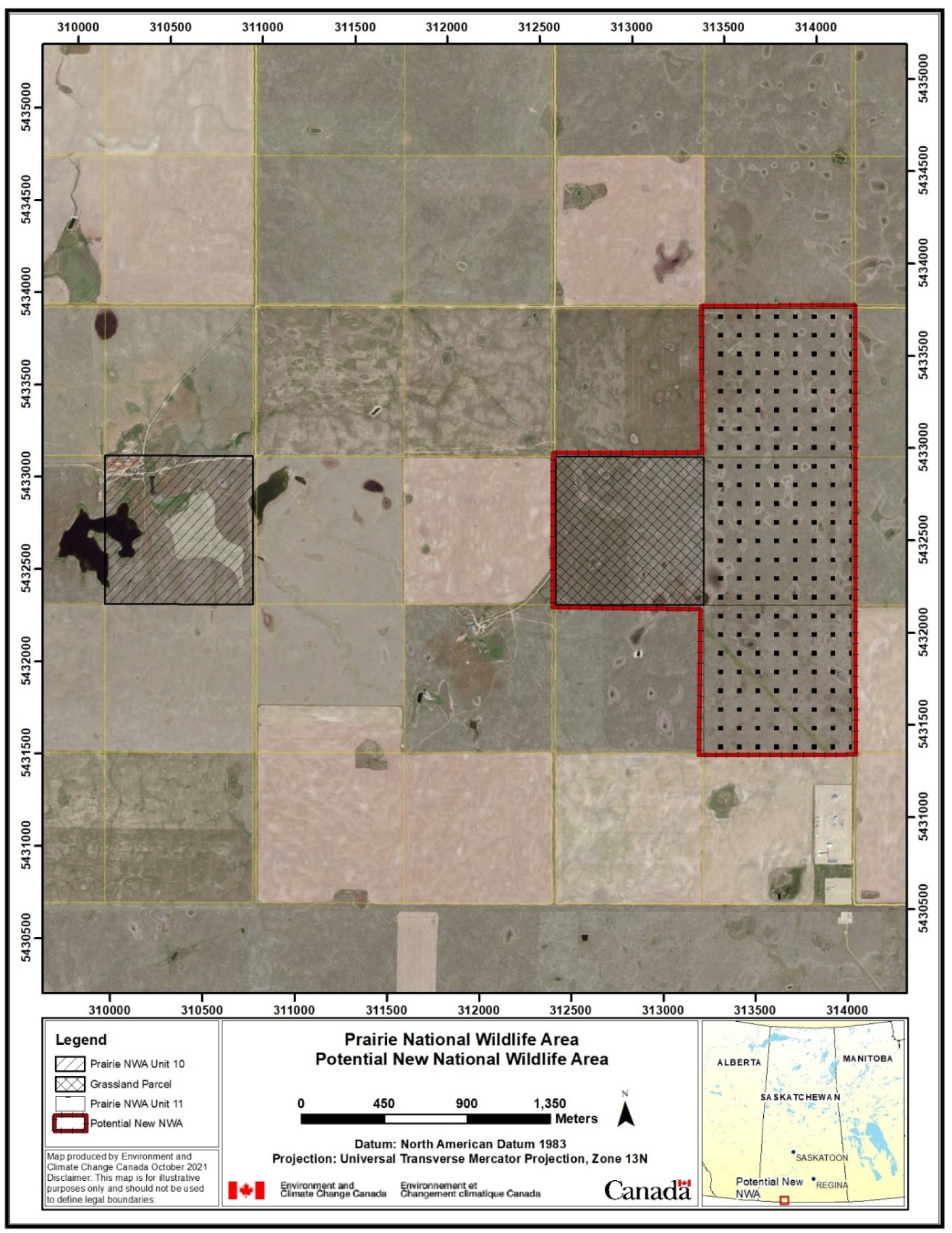 Figure 2. Aerial photograph showing locations and areas of unit 10 and unit 11 of the Prairie National Wildlife Area and of the potential new National Wildlife Area  – Text version below the image