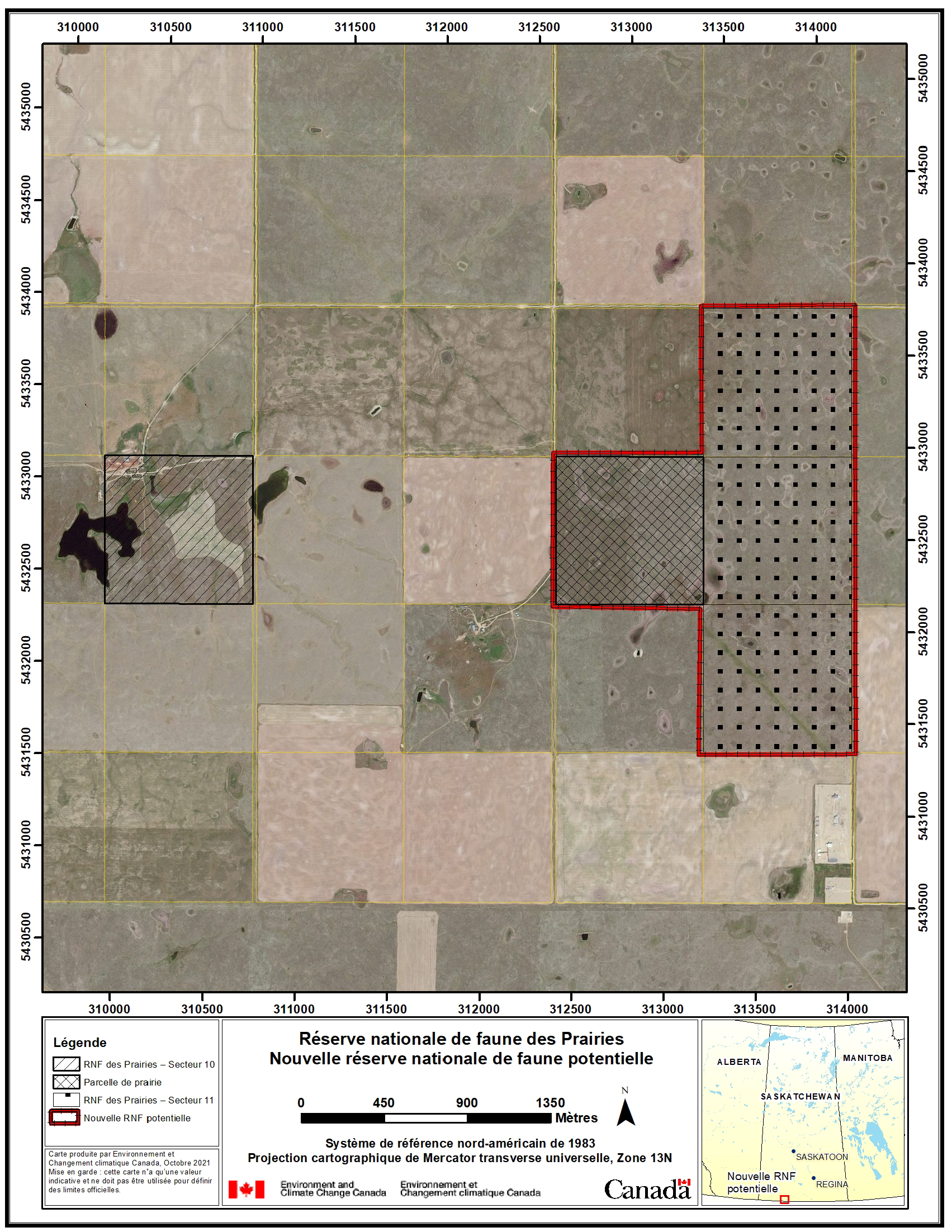 Figure&nbsp;2. Photographie aérienne montrant les emplacements et les zones des secteurs&nbsp;10 et&nbsp;11 de la réserve nationale de faune des Prairies et de la nouvelle réserve nationale de faune potentielle – Version textuelle en dessous de l'image