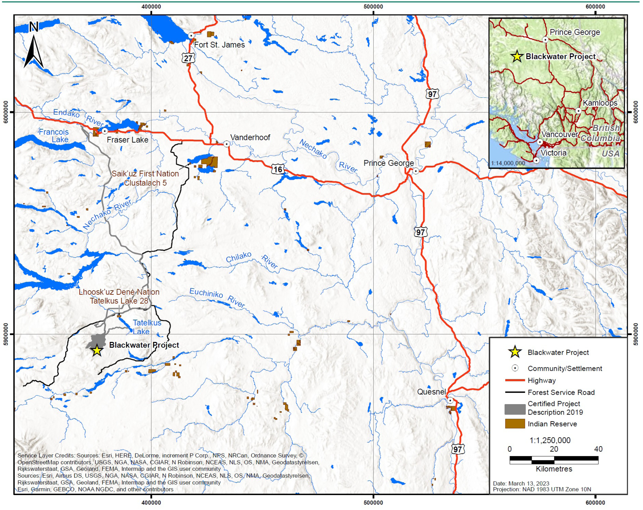 A 1:1,250,000 scale map shows the general location of the Blackwater Gold Project in British Columbia – Text version below the image