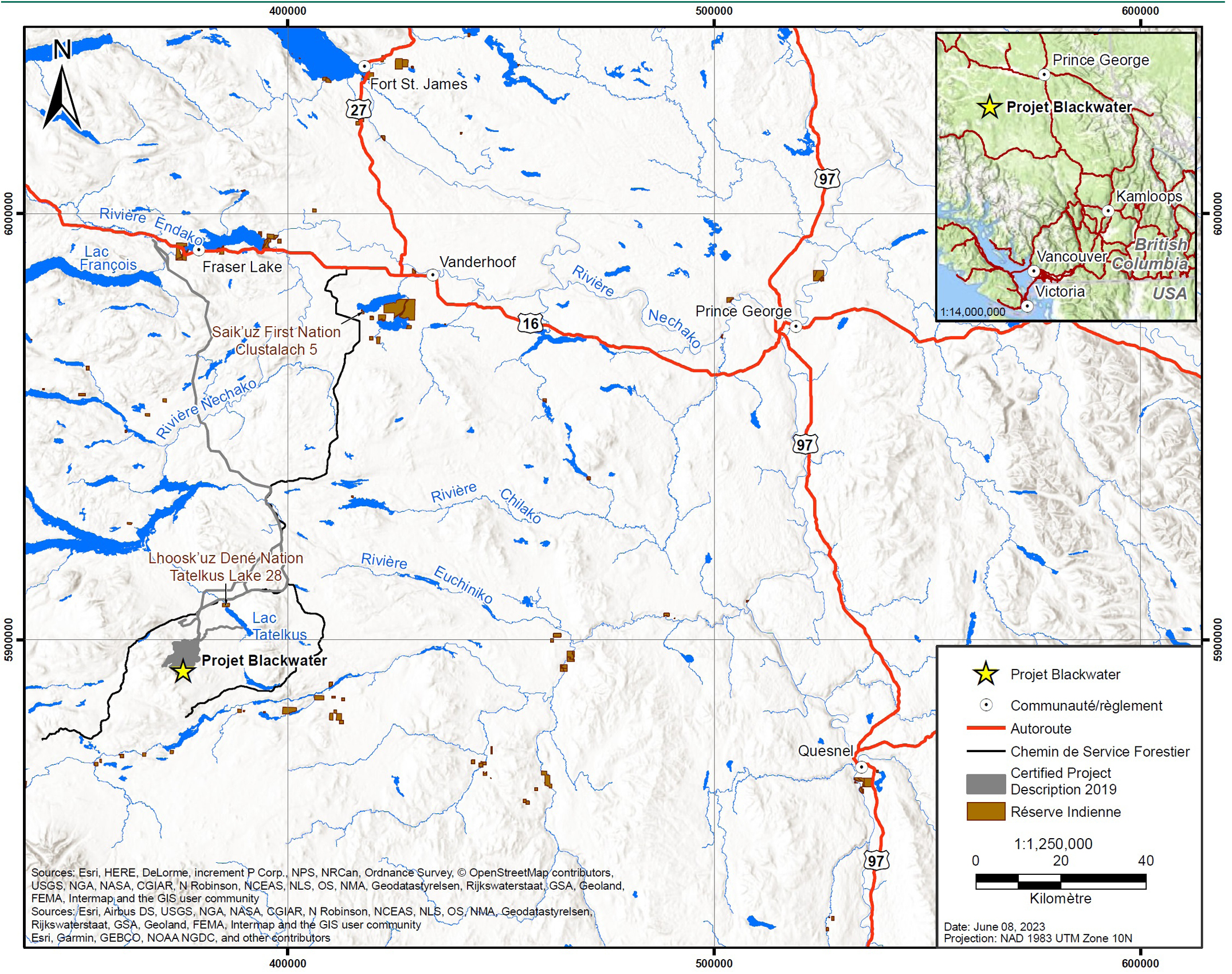 Carte Ă l’échelle 1/1 250 000 montrant l’emplacement gĂ©nĂ©ral du projet de mine d’or Blackwater en Colombie-Britannique – Version textuelle en dessous de l'image