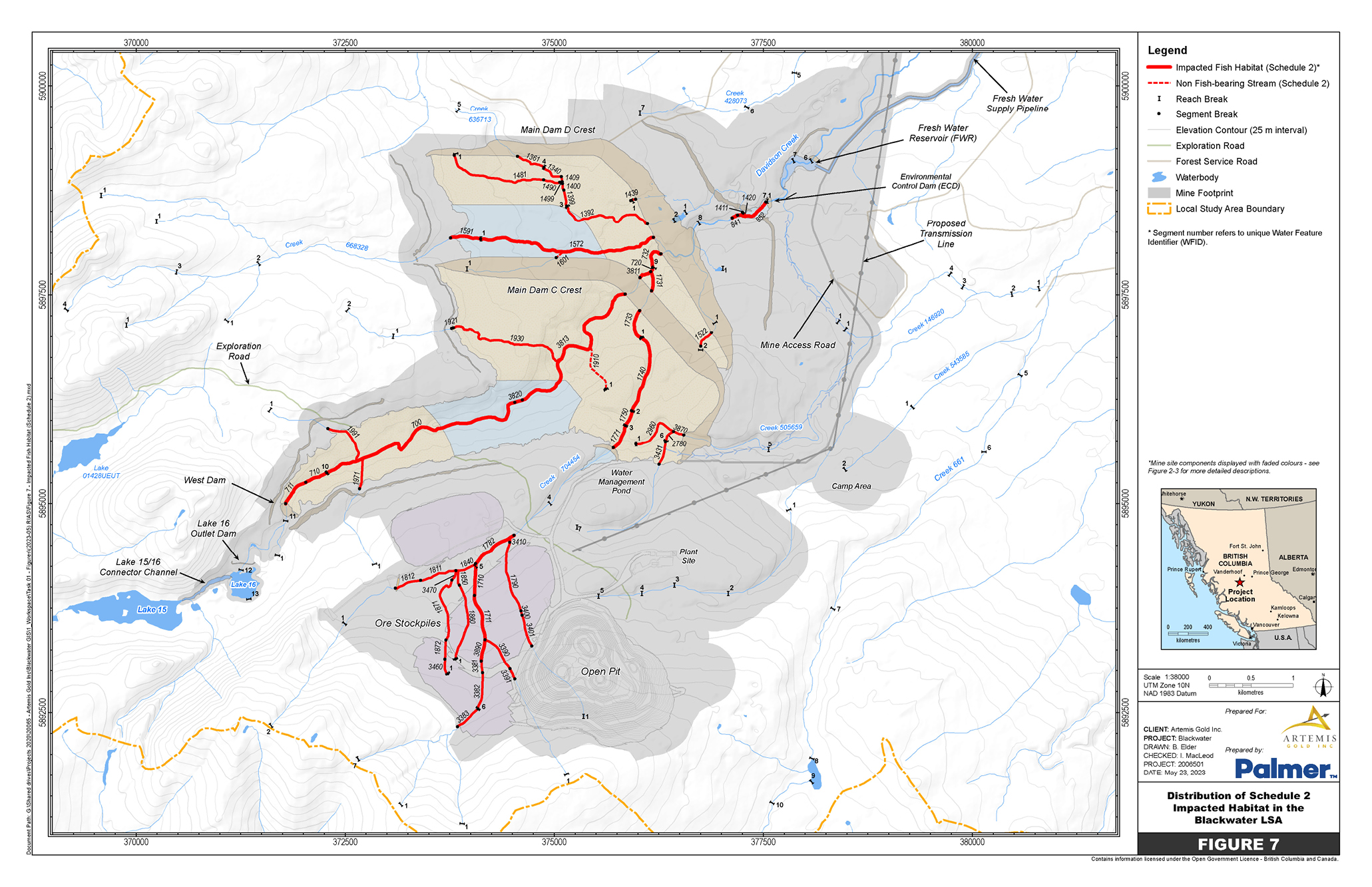 A 1:38,000 scale map shows the location of the impacted water bodies at the mine site, in British Columbia, to be listed in Schedule 2 of the MDMER – Text version below the image