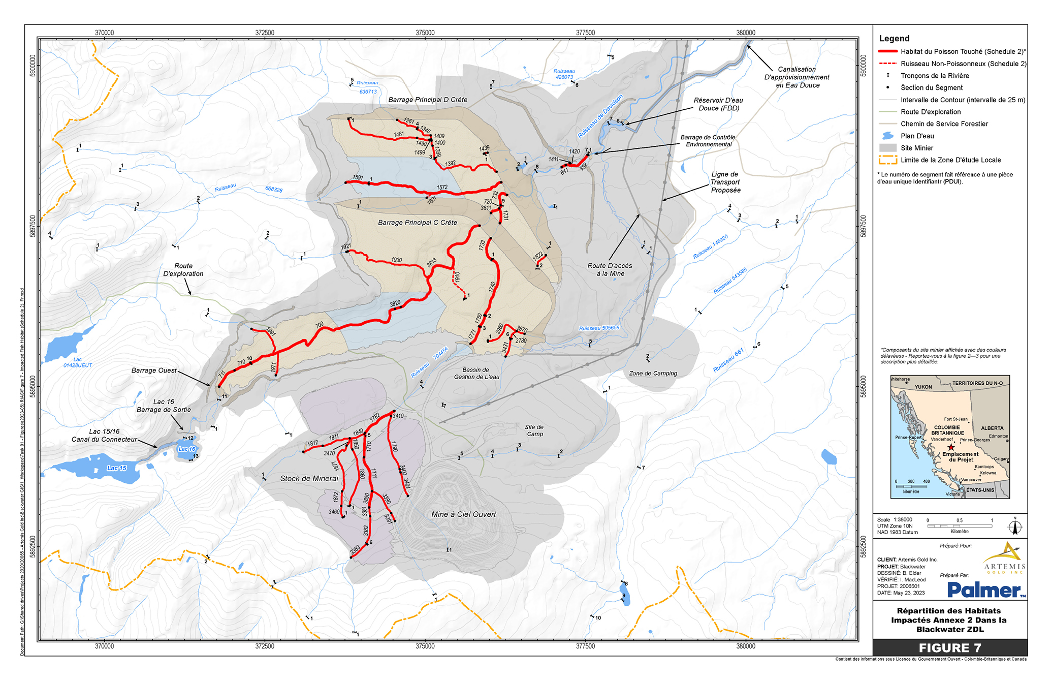 Carte Ă l’échelle 1/38 000 montrant l’emplacement des plans d’eau touchĂ©s sur le site minier, en Colombie-Britannique, Ă inscrire Ă l’annexe 2 du REMMMD – Version textuelle en dessous de l'image