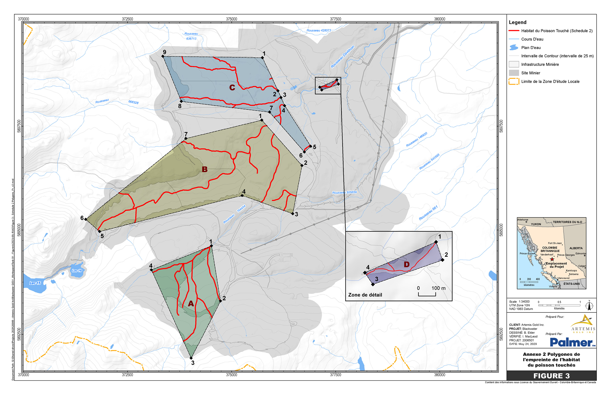 Carte Ă l’échelle 1/34 000 du site minier en Colombie-Britannique comprenant quatre rĂ©gions gĂ©ographiques prĂ©cises englobant les plans d’eau touchĂ©s Ă inscrire Ă l’annexe 2 du REMMMD – Version textuelle en dessous de l'image