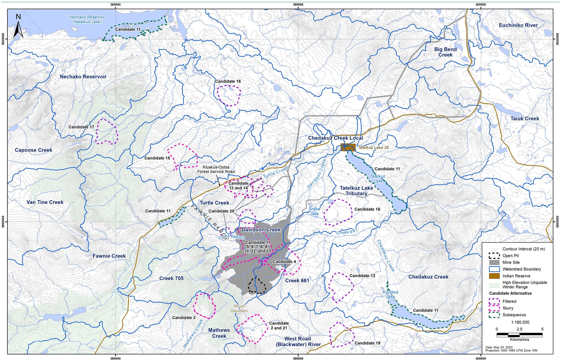 A 1:160,000 scale map of the mine site in British Columbia with the locations of various candidate alternatives for the Tailings Storage Facility – Text version below the image