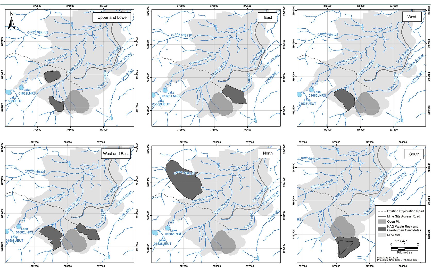 Six 1:84,375 scale maps of the mine site in British Columbia each showing an option for the location of the waste rock and overburden stockpiles – Text version below the image