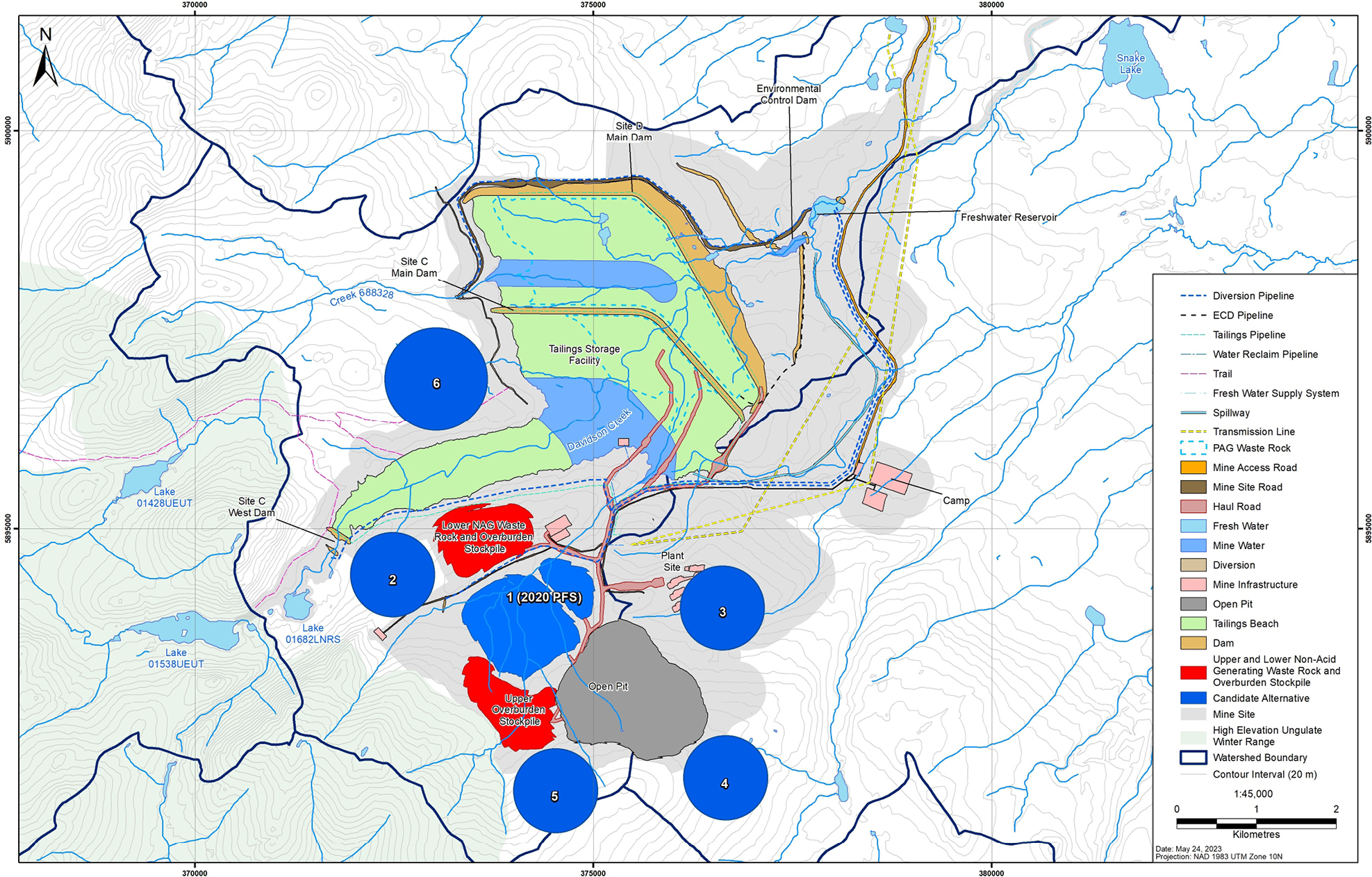 A 1:84,375 scale map of the mine site in British Columbia showing the options for the location of the low-grade ore stockpiles – Text version below the image