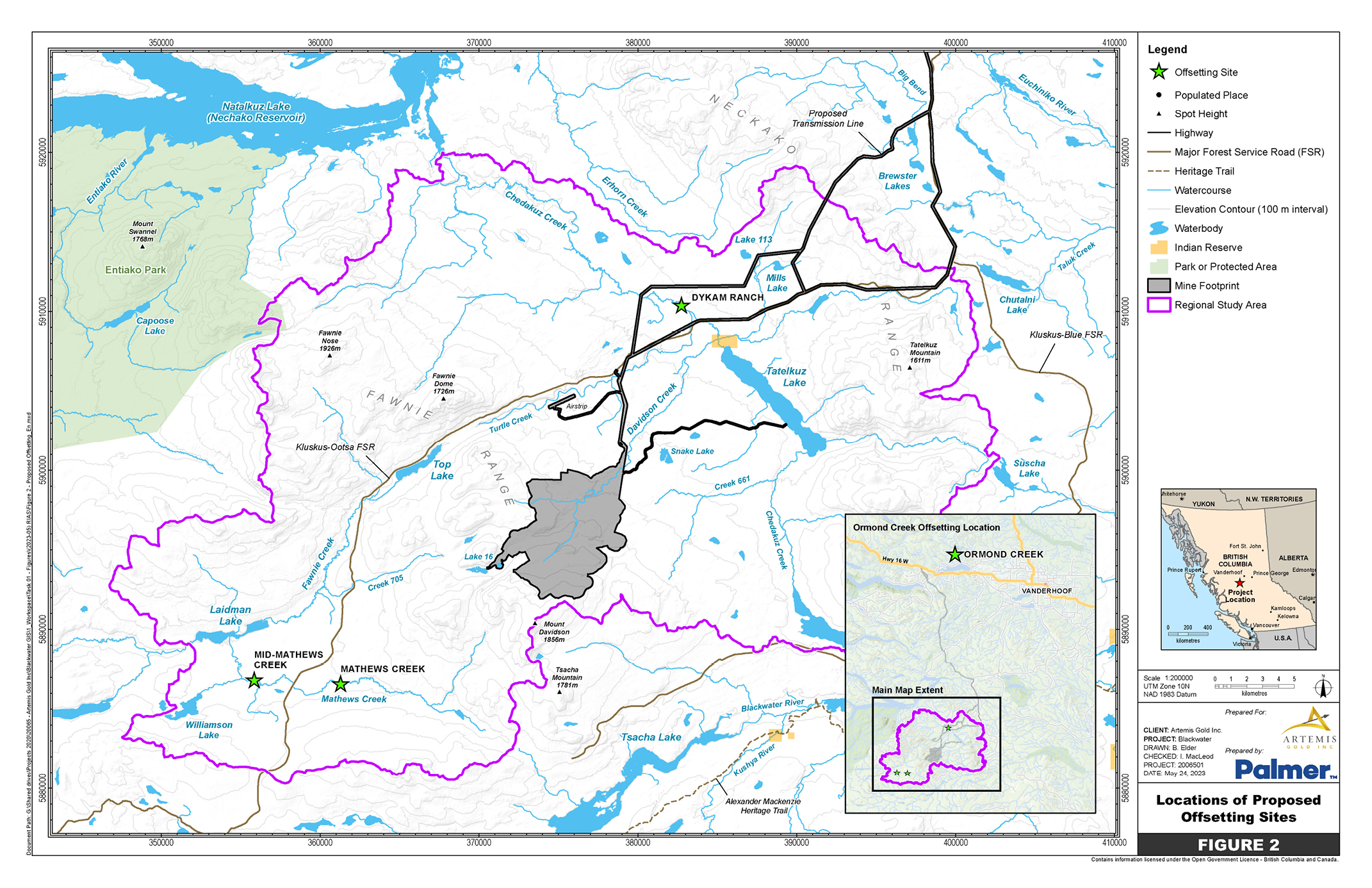 A 1:200,000 scale map of the Project location, in British Columbia, identifying the locations of the compensation measures – Text version below the image