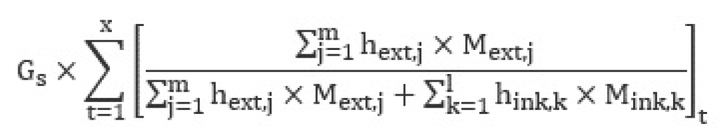 Gext is equal to Gs, multiplied by the summation for all time periods “t” of a quotient where the numerator is the summation of the products of hext,j and Mext,j for each heat stream “j”, and the denominator is the summation of the products of hext,j and Mext,j for each heat stream “j” plus the summation of the products of hint,k and Mint,k for each heat stream “k”. 