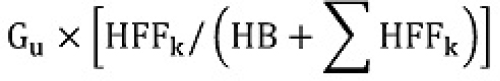Gu est multiplié par le quotient dont le numérateur est HFFk et le dénominateur est HB additionné à la somme des produits de HFFk pour chaque combustible gazeux, liquide et solide «&nbsp;k&nbsp;»
