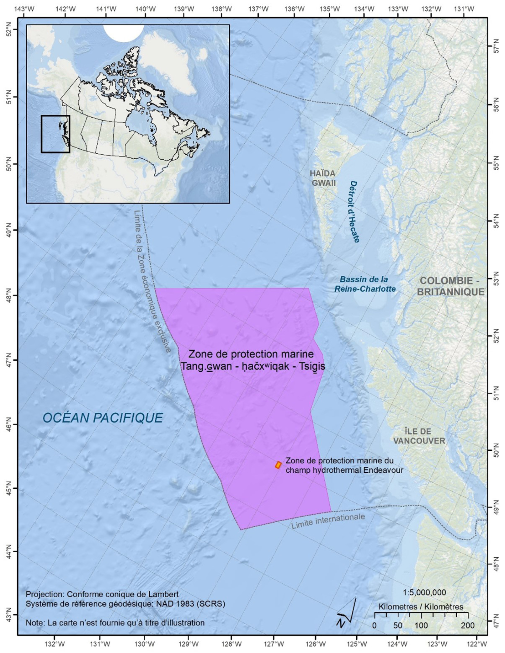Figure&nbsp;1&nbsp;: Emplacement de la zone de protection marine Tang.<u>ɢ</u>wan&nbsp;&mdash;&nbsp;ḥačxʷiqak&nbsp;&mdash;&nbsp;Tsig̱is  – Version textuelle en dessous de l'image